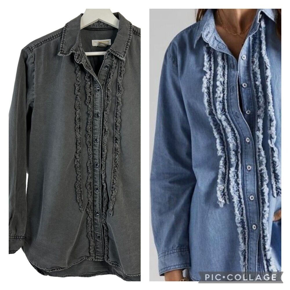 Anthropologie Pilcro Size XS Juni Ruffled Denim Button Down Shirt Chambray Black